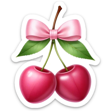 "Two pink cherries with a soft ribbon bow, delicate and sweet, pastel aesthetic."
 sticker