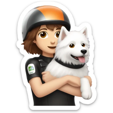 Girl biker white skin and brown short hair with a agv helmet hugging a Samoyed sticker