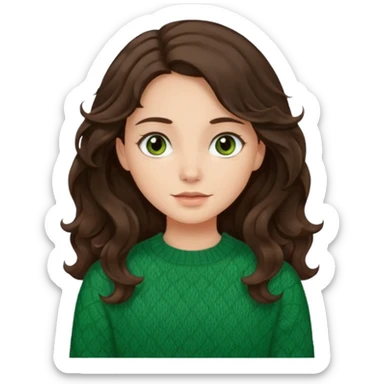 Una chica güera con pelo ondulado, café oscuro, largo, ojos cafés oscuros y con suéter o camisa verde sticker