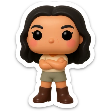 Create a Funko Pop style vinyl figure with superior quality and smooth tanned skin. The figure has detailed dark hair and textured clothing consisting of a cream top and greige bottoms. The dark greige leather boots are clearly visible. The figure's arms are crossed, with rosy cheeks and very discreet freckles. The expression is mischievous and cheerful, with no mouth. The background should be transparent. sticker