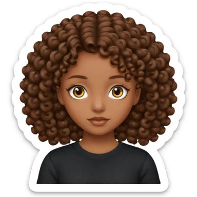 beautiful girl with brown hair and curls, with smocked eyes in a black T-shirt sticker