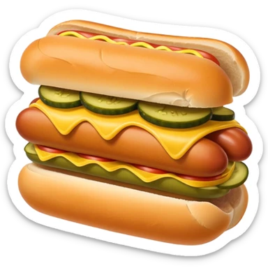 Hot dog in a bun with mustard and pickles on it sticker