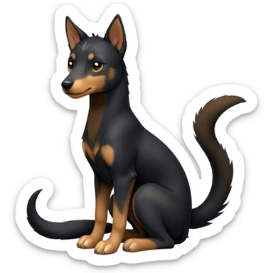 cinematic-[kelpie]-realistic-full-body-sitting-emoji,-tail-resting-loosely-beside-its-paws,-head-tilted-dramatically, -sleek-[Black and tan]-fur,-simplified-yet-realistic-focused-features,-highly-detailed,-glowing-with-an-almost-sarcastic-glow sticker