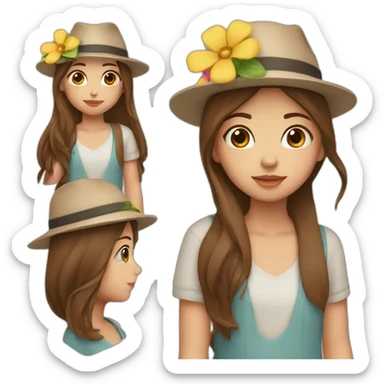 Girl with brown straight hair wearing a hat and a flower in her hand sticker