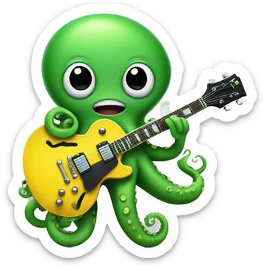 A cute green octopus holding a "les paul" yellow guitar and playing hard rock sticker