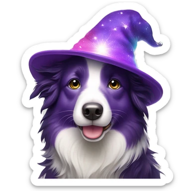 Rainbow-coloured Border Collie wearing a purple velvet wizard hat covered with tiny, sparkling, silver stars.  sticker