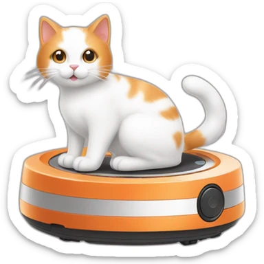white and orange cat sitting on roomba sticker
