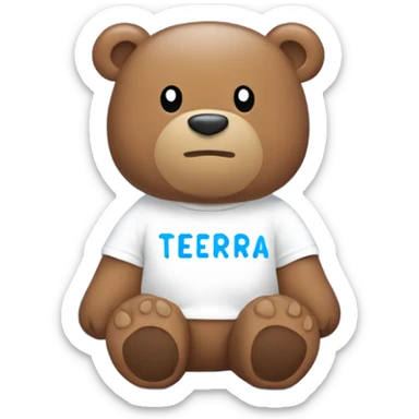 A cute brown bear wearing a white T-shirt with the word 'TIERRA' printed in bold letters, each letter clearly spaced ('T I E R R A'). The T-shirt is white, and the background is light blue. The bear is adorable with soft sticker