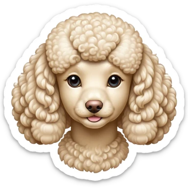 Cinematic Noble Cream Poodle Portrait Emoji, Poised and regal, with a refined, elegant build and a meticulously groomed, curly cream Fur, deep-set soulful warm eyes, Simplified yet sharp and sophisticated features, highly detailed, glowing with a soft, dignified glow, high shine, intelligent and graceful, stylized with an air of sophistication, focused and attentive, soft glowing outline, capturing the essence of a watchful and confident companion, so majestic it feels as though it could prance out of the screen with effortless authority! sticker