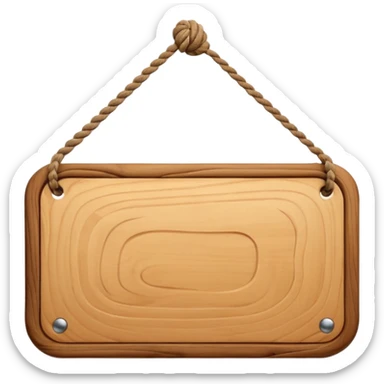 3D cartoon style wooden hanging signboard, smooth polished wood texture, rounded edges, detailed wood grain, thick twisted ropes going through holes on both sides, hanging rope knots visible, isolated on white background, soft shadow, high resolution, digital illustration, centered composition sticker