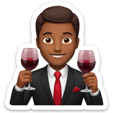 Man with black suit and red tie, brown skin, handsome, drinking wine with a happy face sticker