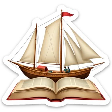 Icon for Reading Fiction: a large open book with pages turning, Musketeers on horseback, Sherlock Holmes and other literary elements, a sailboat sailing across the pages. The icon should evoke the adventurous spirit of storytelling. Transparent background. sticker