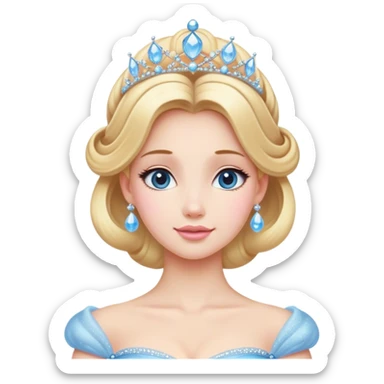 Cinematic Majestic Cinderella Portrait Emoji, rendered in a realistic, vector-style with clean, bold shapes. Depict Cinderella with a refined, noble expression, her fair skin luminous and her long blonde hair styled in an elegant updo, adorned with a delicate tiara. Her attire is a simple, sparkling ball gown that radiates soft pastel hues, glowing with a soft, majestic light and a subtle glowing outline, epitomizing classic royal beauty. sticker