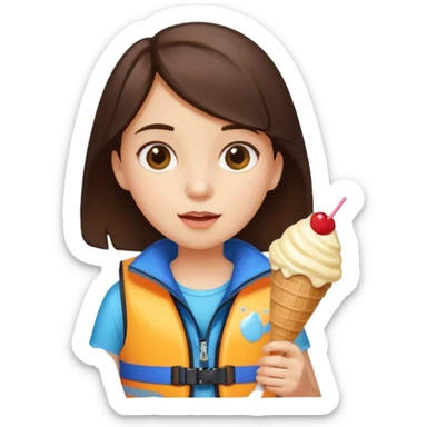 girl brunet kid wearing lifejacket, holding ice cream sticker