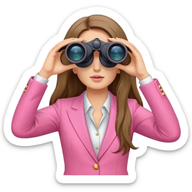 woman with long hair in a pink suit looking through binoculars, front view sticker
