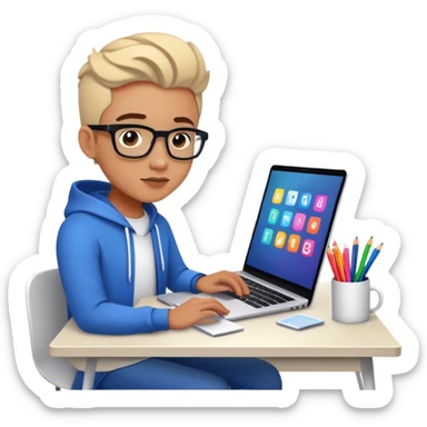 A web designer intensely working on a sleek laptop, surrounded by colorful design elements, glowing screens, and creative icons, with a focused expression and a modern workspace vibe. sticker