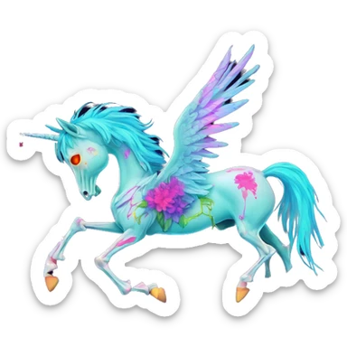 Neon Zombie Pegasus unicorn skeleton psychedelic flowers floral groovy art neon rave raving sticker
