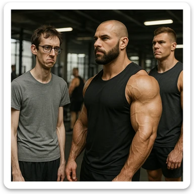 realistic scene of a skinny beginner in a gym with an envious expression looking at muscular men with developed physiques, realistic atmosphere, gym environment, contrast between slender and athletic bodies sticker
