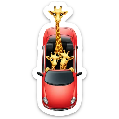 two cute giraffes driving in a red car sticker