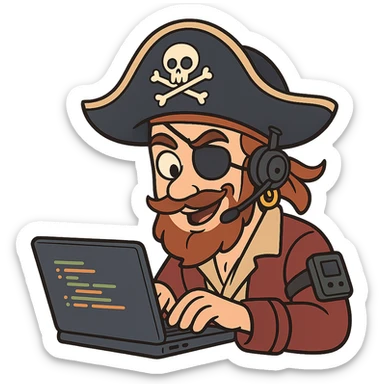a pirate dressed as a programmer, with a laptop, coding, playful and clever expression, modern pirate hat, tech gadgets, cartoon style sticker