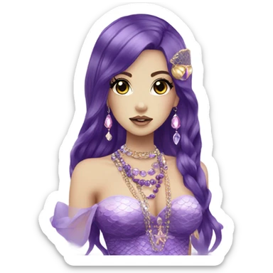 mermaid hime gyaru girl, dark purple hair, jewerly sticker