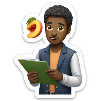 guy eating a peach and holding a clipboard sticker