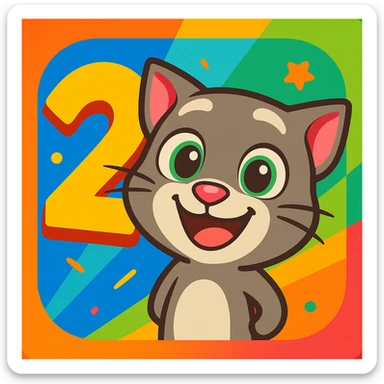 My Talking Tom Friends 2 inspired app icon, big number 2 and happy cartoon cat, playful inviting design sticker