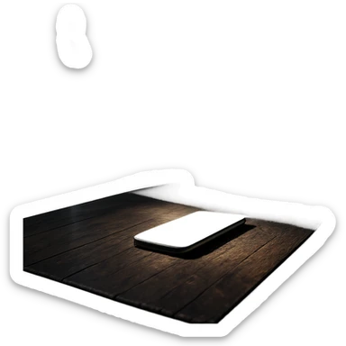 dark room in loft style, iphone lies on wooden table, beam of light shines directly on it and on table sticker