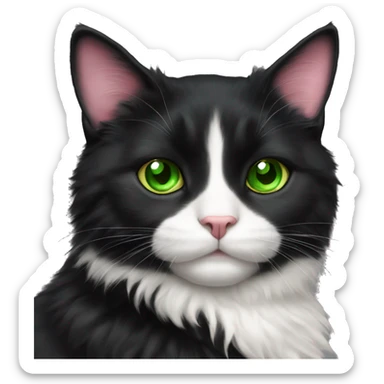 fluffy black tuxedo cat with green eyes and pink nose sticker