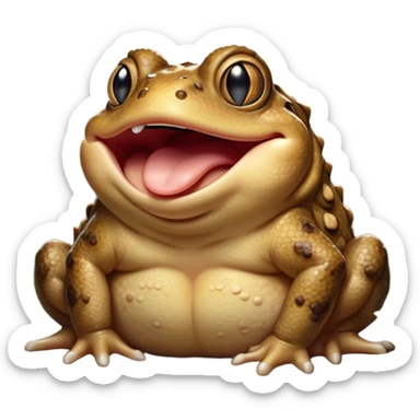Cinematic Cute Yawning Toad Portrait Emoji, Head tilted slightly with a dramatic, wide-open yawn, showcasing a stout, textured body with drooping, warty features and sleepy, half-closed eyes, Simplified yet irresistibly adorable features, highly detailed, glowing with a soft, cozy woodland glow, high shine, relaxed yet expressive, stylized with a dash of whimsical amphibian charm, soft glowing outline, capturing the essence of a drowsy yet affectionate toad that appears ready to stretch out for a nap! sticker