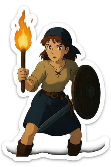 a warrior maiden with a sword and shield, common tavern clothing, eye gleam, defense stance, repose, amid darkness of midnight, holding only a torch sticker