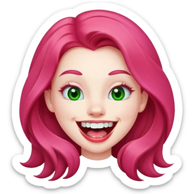 Young girl with pale skin, full pink lips smiling with big teeth, red long hair, big brown eyes with a hint of green, big mouth sticker