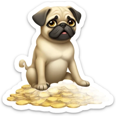 cute derpy pug sitting on a pile of gold coins sticker