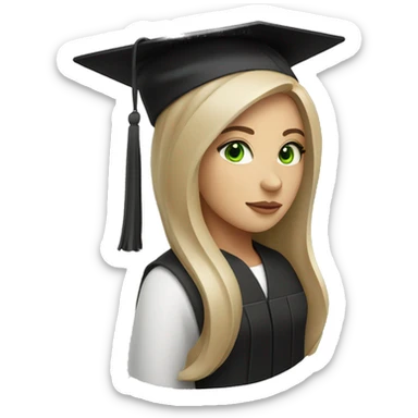 Long brown hair white woman with black graduation hat and green eyes sticker