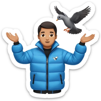 puffer shiny black jacket man open arms looking at a flying pigeon sticker