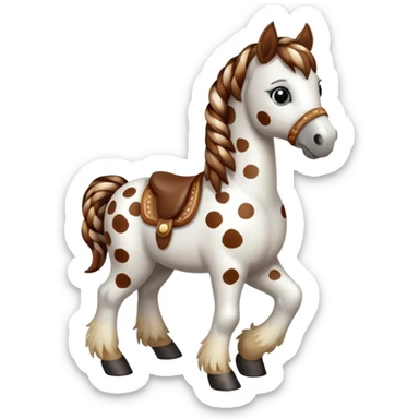 A spotted toy horse with braided mane and friendly expression sticker