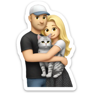 3 objects - a beautiful blonde with long hair and a polka-dotted dress, a bald handsome man in a cap and a rock T-shirt, and a fat gray cat with black spots. The man hugs the blonde and holds the cat in his hands sticker
