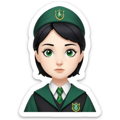 Pansy Parkinson in harry potter, wear hogwarts slytherin uniform, black hair, not wearing hat sticker