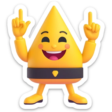 A 2D cartoon-style yellow emoji with a mischievous smile, triangle-shaped eyes, and both hands pointing upward with index fingers.  clean digital style, and a fun, dancing expression. Style similar to children’s drawing tutorials, dancing expression. No background, isolated on white.  sticker