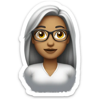 Uma mulher com cabelo claro ,usando óculos de grau com armação preta com um colar de contas com uma pena  sticker