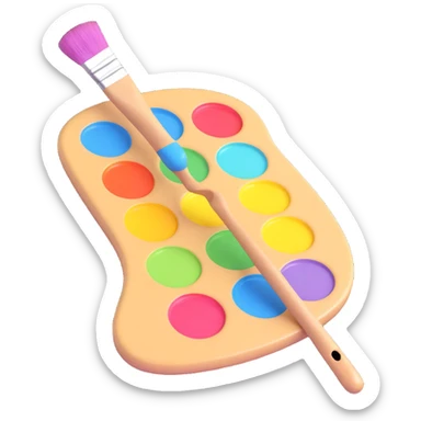 painter's palette with brush, 3D emoji style, pastel colors, plastic effect, no text sticker