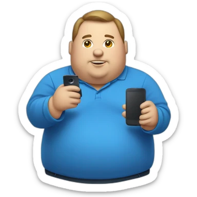 fat man in a blue shirt holding a phone sticker