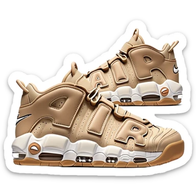 Minimalist pair of beige Nike Air More Uptempo sneakers side by side, clean simple design with AIR lettering on sides sticker