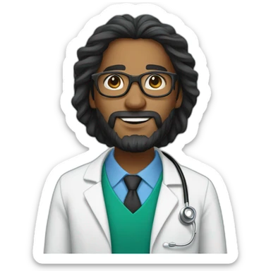 Dark-skinned Mauritian doctor with long black tousled hair with a circular beard and black glasses sticker