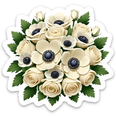 Cream and white bridal bouquet with white roses and anemone flowers, realistic sticker