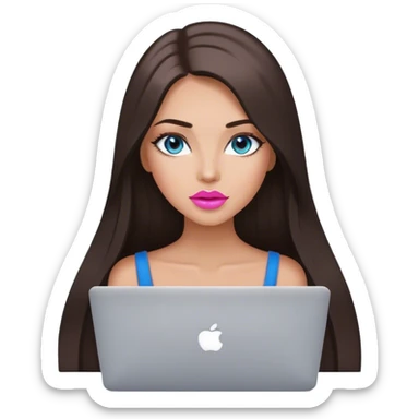 Glamours tanned very beautiful girl with pump pink-beige lips and dark chocolate straight smooth long hair, blue-grey eyes with MacBook sticker