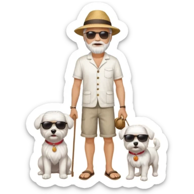 white man grey hair beard holding a white Maltese on a beach full body sticker