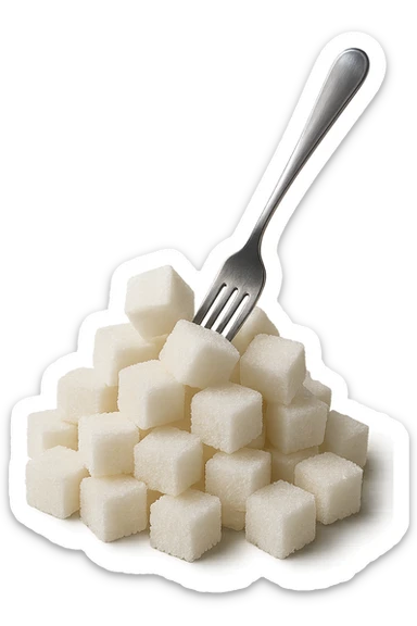 monagna di zollette di zucchero con una forchetta appizzata sopra, iperrealistico 4k sticker