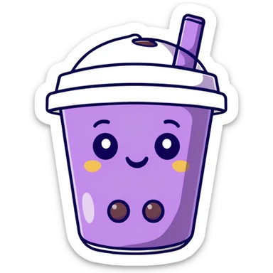 Purple bubble tea cup with a cute face and black tapioca pearls inside sticker