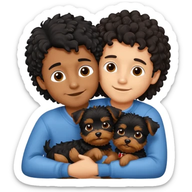 Young man with little brown skin, black curly hair, cheerful dark brown eyes, hugging two Yorkie dogs long hair sticker